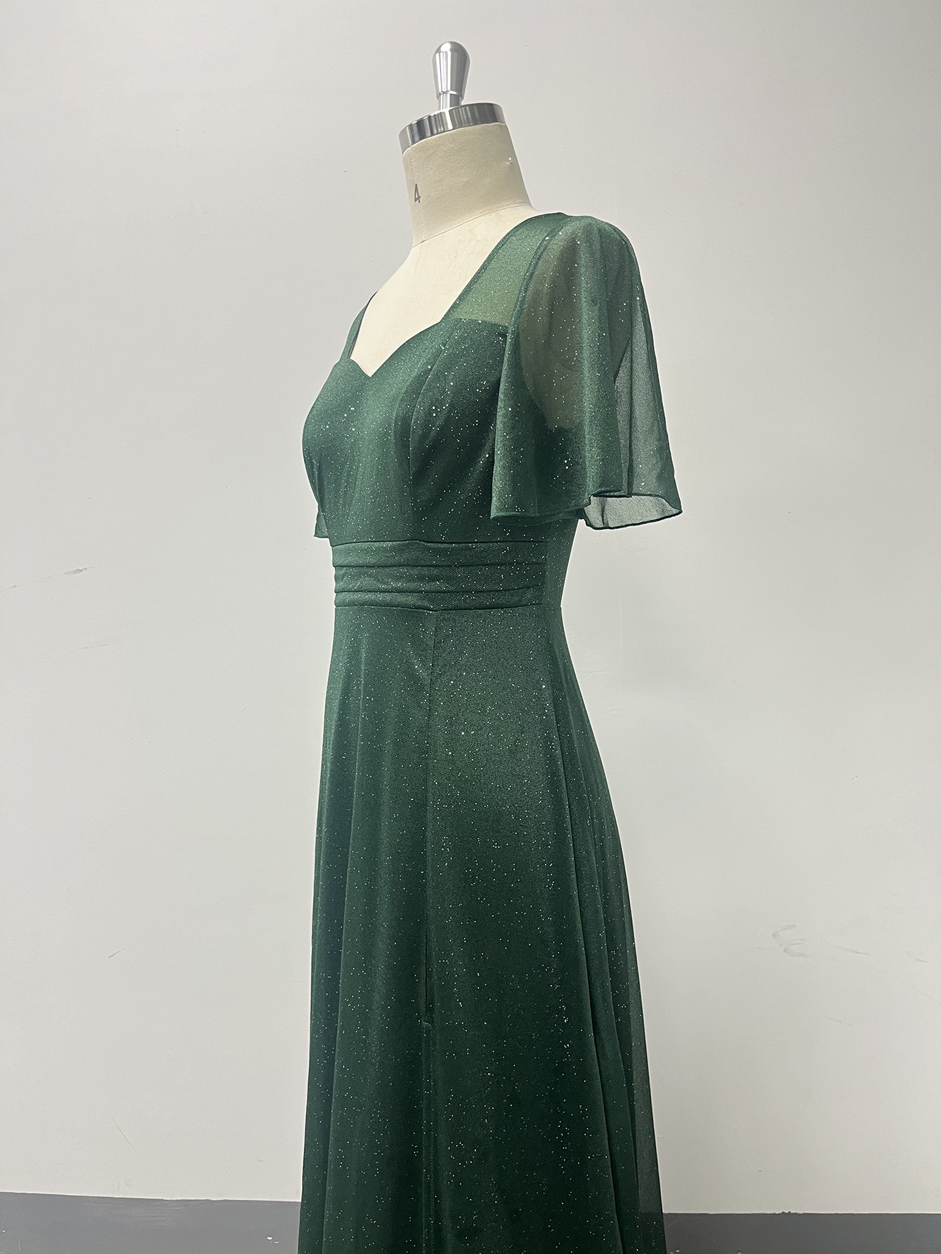 Women's Elegant Short Sleeve Square Neck Shiny Tulle Slit Evening Dress