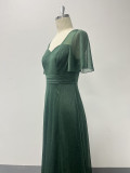 Women's Elegant Short Sleeve Square Neck Shiny Tulle Slit Evening Dress