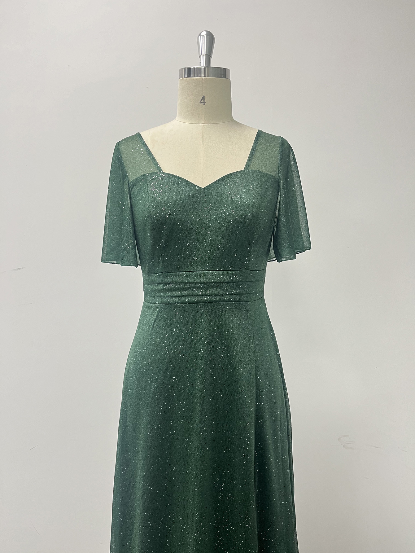 Women's Elegant Short Sleeve Square Neck Shiny Tulle Slit Evening Dress