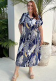 Women Printed Short Sleeve Beach Casual Shirt Long Dress