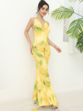 Women's Strap French Chic Style Halter Neck Deep V Printed Ruffle Long Dress