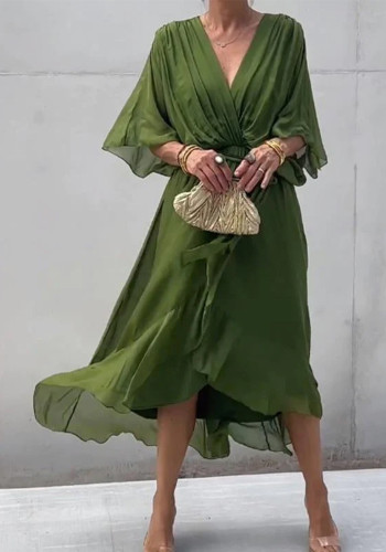 Plus Size Women's Solid Color Lace-Up Bat Sleeves Irregular Dress