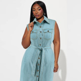 Plus Size Women's Turndown Collar Sleeveless Button Belt Denim Long Dress