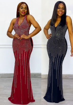 Sexy Beaded V-Neck Sleeveless Slim Elastic Long Dress Sexy Beaded V-Neck Sleeveless Slim Elastic Long Dress