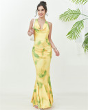 Women's Strap French Chic Style Halter Neck Deep V Printed Ruffle Long Dress