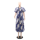 Women Printed Short Sleeve Beach Casual Shirt Long Dress