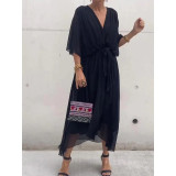 Plus Size Women's Solid Color Lace-Up Bat Sleeves Irregular Dress