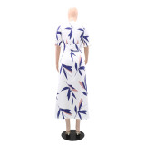Chic V Neck Short Sleeve Slim High Waist Button Long Dress