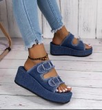 Plus Size Denim Belt Buckle One-Step Sandals Women's Summer Outdoor Wear Thick-Soled Slippers