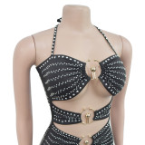 Women Beaded Suspender Short Skirt Dress