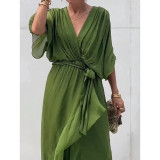 Plus Size Women's Solid Color Lace-Up Bat Sleeves Irregular Dress