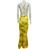Women's Strap French Chic Style Halter Neck Deep V Printed Ruffle Long Dress