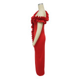 Women's Sexy Ruffled One-Shoulder Slit Evening Dress