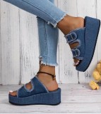 Plus Size Denim Belt Buckle One-Step Sandals Women's Summer Outdoor Wear Thick-Soled Slippers