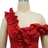 Women's Sexy Ruffled One-Shoulder Slit Evening Dress