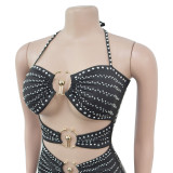 Women Beaded Suspender Short Skirt Dress