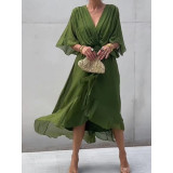 Plus Size Women's Solid Color Lace-Up Bat Sleeves Irregular Dress