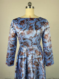 Women Spring Round Neck Long Sleeve Maxi Pleated Dress