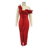 Women's Sexy Ruffled One-Shoulder Slit Evening Dress