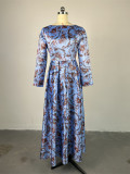 Women Spring Round Neck Long Sleeve Maxi Pleated Dress