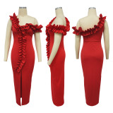 Women's Sexy Ruffled One-Shoulder Slit Evening Dress