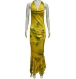 Women's Strap French Chic Style Halter Neck Deep V Printed Ruffle Long Dress