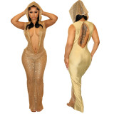 Women's Sexy Deep V See-Through Sequin Long Dress