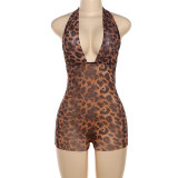 Summer Women's Fashion Sexy Deep V Low Back Halter Neck Leopard Jumpsuit