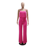 Women Summer Fashionable Strap Solid Color Tassel Slim Jumpsuit