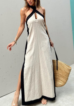 Summer Low Back Halter Neck Split Chic Linen Dress For Women