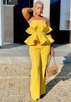 Strapless Ruffle Top Wide Leg Pants Elegant Two Piece Set