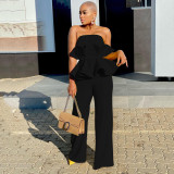 Strapless Ruffle Top Wide Leg Pants Elegant Two Piece Set