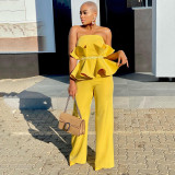 Strapless Ruffle Top Wide Leg Pants Elegant Two Piece Set