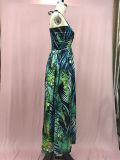 Women's Fashionable Sexy Halter Lace-Up Print Long Dress