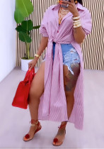 Women Striped Split Lace-Up Long Sleeve Shirt