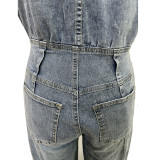 Women's Casual Sleeveless Denim Wide Leg Jumpsuit