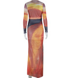 Women's Fashion Printed Round Neck Long Sleeve Split Pleated Trend Dress