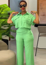 Women Casual Solid Turndown Collar short-sleeved shirt and wide-leg Pant two-piece set