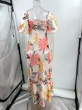 Women Casual Off Shoulder Printed lantern sleeve dress