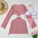 Women mesh hollow drawstring Lace-Up Swimwear Three-Piece