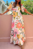 Women Casual Off Shoulder Printed lantern sleeve dress