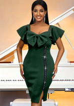 Women Chic Square Neck Bow Beaded Formal Party Dress Women Chic Square Neck Bow Beaded Formal Party Dress