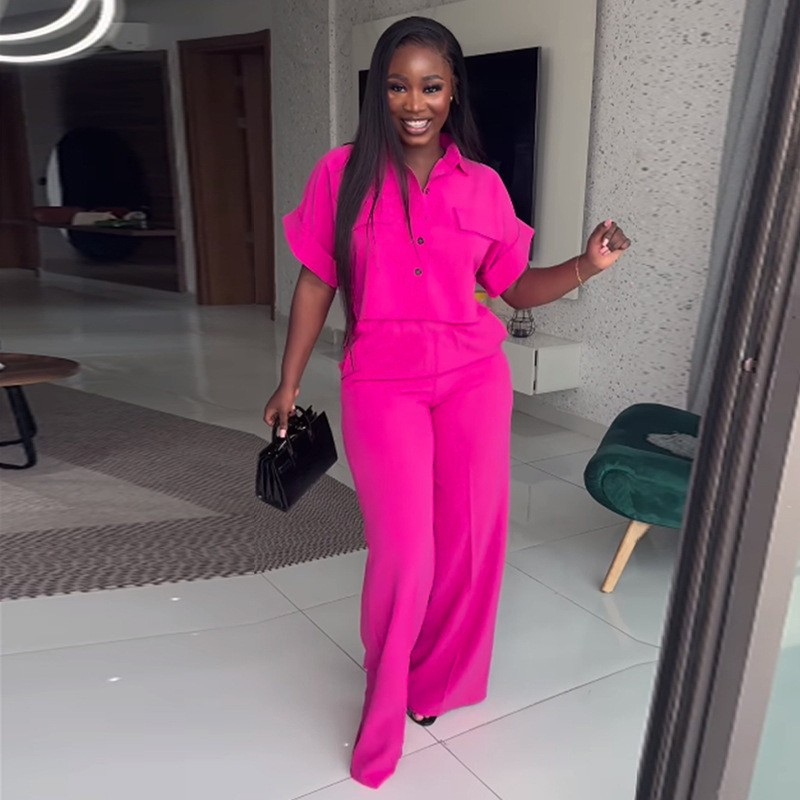 Women Casual Solid Turndown Collar short-sleeved shirt and wide-leg Pant two-piece set