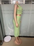 Women tassel fishnet knitting Casual Top and Skirt two-piece set