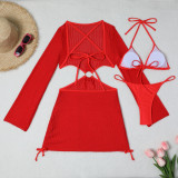 Women mesh hollow drawstring Lace-Up Swimwear Three-Piece