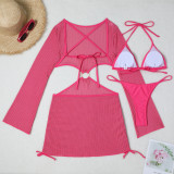 Women mesh hollow drawstring Lace-Up Swimwear Three-Piece