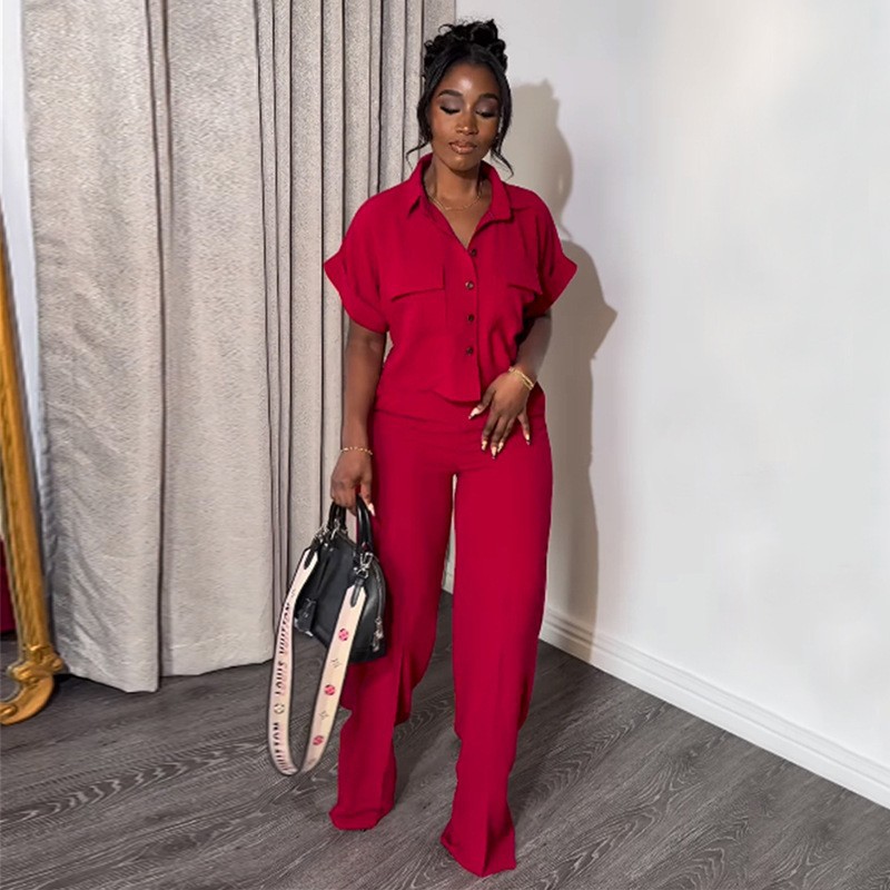 Women Casual Solid Turndown Collar short-sleeved shirt and wide-leg Pant two-piece set