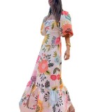 Women Casual Off Shoulder Printed lantern sleeve dress
