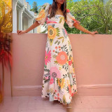 Women Casual Off Shoulder Printed lantern sleeve dress