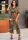 Fashion Camouflage Print Pocket Turndown Collar Cargo Jumpsuit